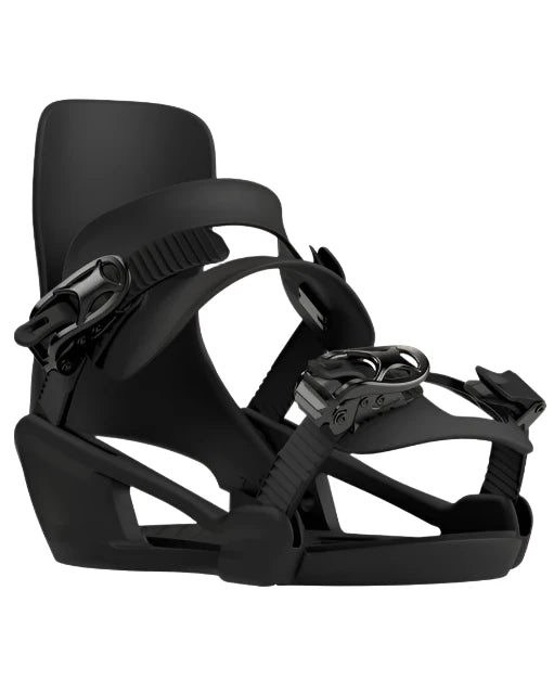 Bataleon Junior's Minishred Snowboard Bindings 2025 - Black bindings with silver buckles and straps on a white background.