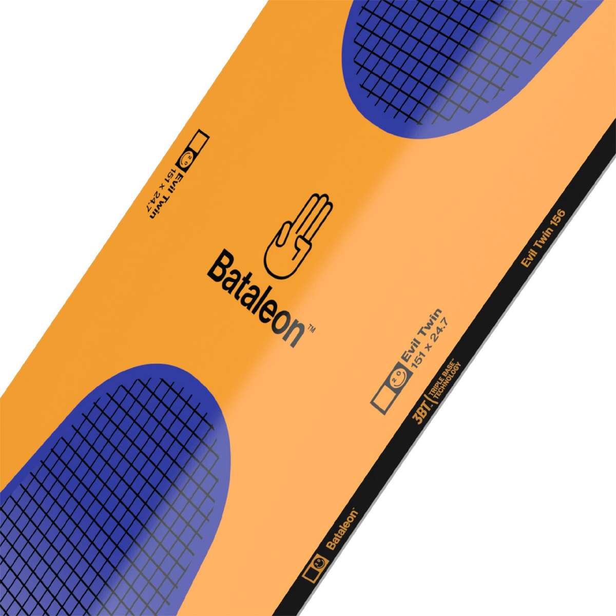 Bataleon Evil Twin - A snowboard with a blue oval graphic on its top side, featuring a grid pattern and a black outline of a hand giving a peace sign.