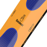 Bataleon Evil Twin - A snowboard with a blue oval graphic on its top side, featuring a grid pattern and a black outline of a hand giving a peace sign.