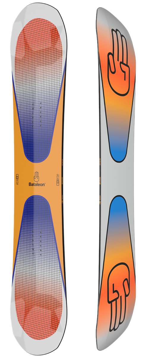 Bataleon Evil Twin Snowboard 2024 - A snowboard with a blue and orange gradient design on its top surface.