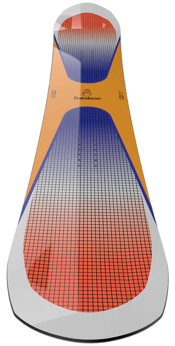 Bataleon Evil Twin Snowboard 2024 - A snowboard with a blue and white checkered pattern on its top side.