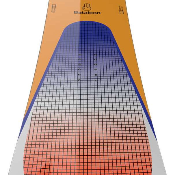 Bataleon Evil Twin Snowboard 2024 - A snowboard with a blue and white checkered pattern on its top side.