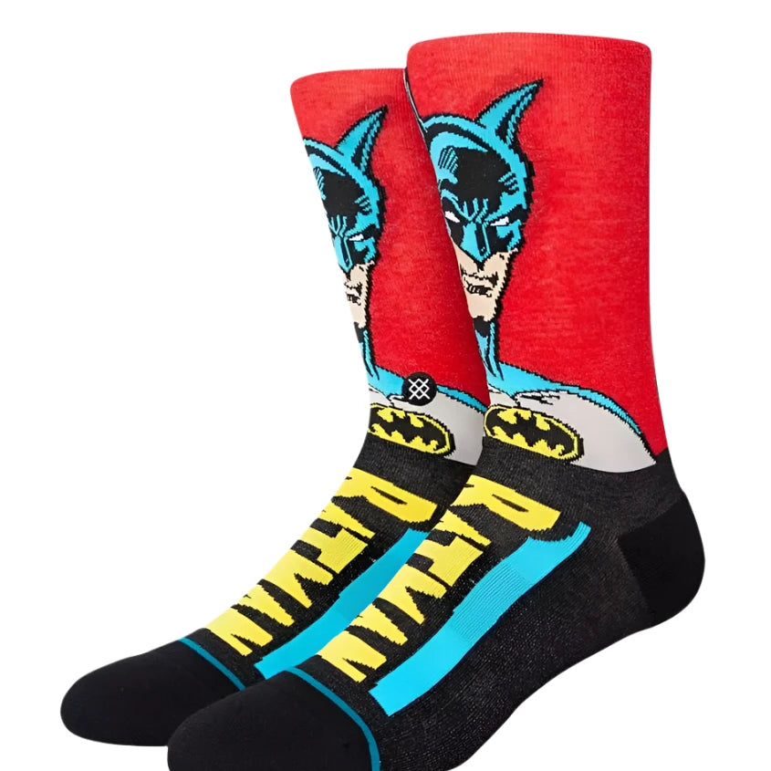 Stance Batman Crew Sock 2023 - A pair of crew socks featuring a blue Batman logo on a red background.