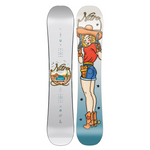 Nitro Women's Beauty Snowboard 2026 - A white snowboard with a desert scene and cactus in the center, featuring a blue truck with "Beauty" written on it.