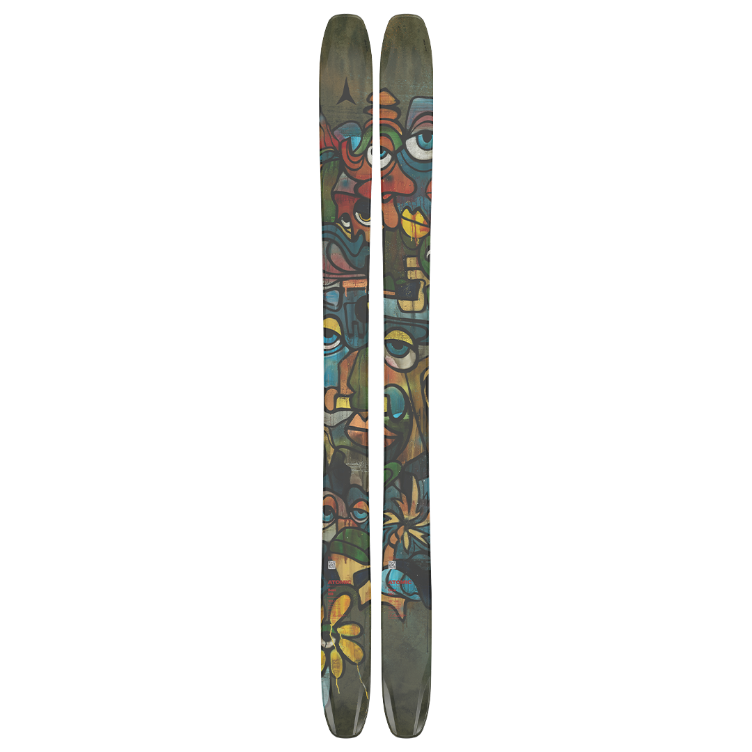 Atomic Bent Chetler 110 Skis 2026 - A pair of skis with a dark green base color and abstract, colorful graffiti-style graphics.