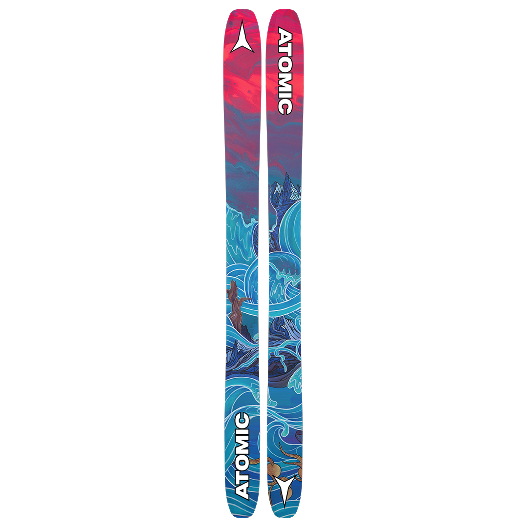 Atomic Bent Chetler 110 Skis 2026 - A pair of skis with a predominantly black base and white accents, featuring a distinctive logo on the top sheet near the tip.