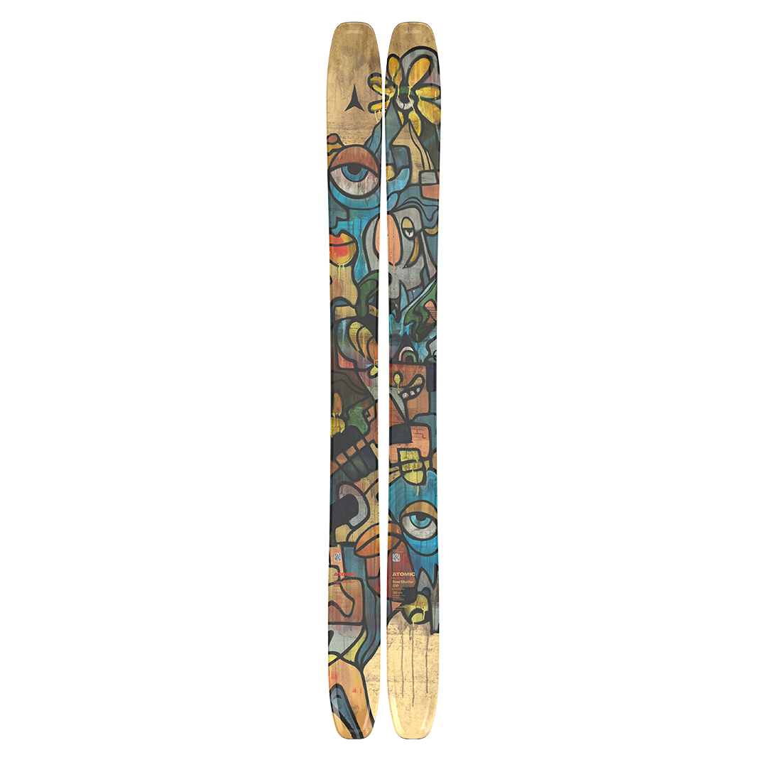 Atomic Bent Chetler 120 Skis 2026 - A pair of skis with a brown base and blue, yellow, green, and black abstract design.
