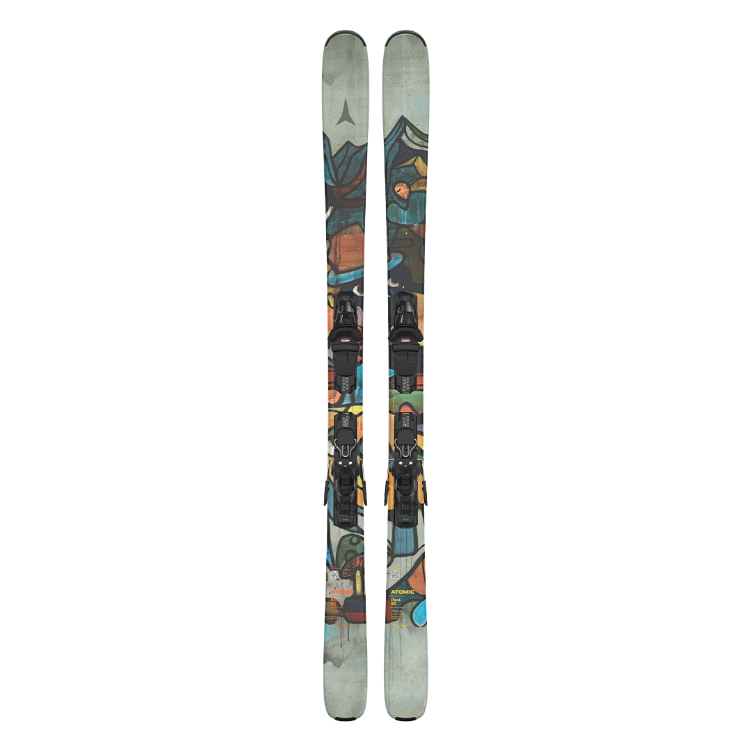 Atomic Bent Chetler 85 R Skis with M10 Bindings - A pair of skis featuring a predominantly white base with blue and orange accents, black bindings, and a gray logo at the top.
