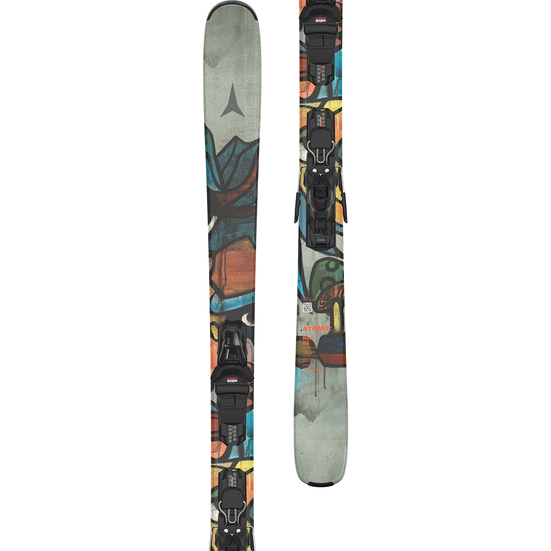 Atomic Bent Chetler 85 R Skis with M10 Bindings - A pair of skis with a gray base and black bindings, featuring a distinctive black logo on top.