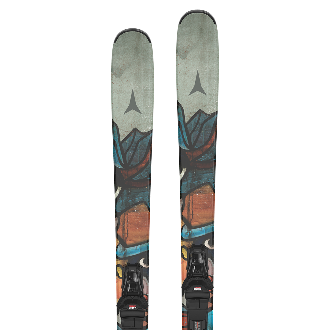 Atomic Bent Chetler 85 R Skis with M10 Bindings - A pair of skis with a gray top and black bindings, featuring a mountain graphic in shades of blue, orange, and brown.