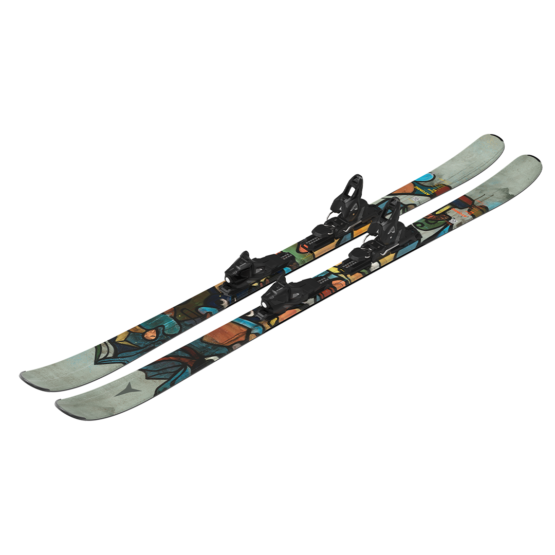 Atomic Bent Chetler 85 R Skis with M10 Bindings - A pair of skis featuring a predominantly black base with blue and orange accents, showcasing a cartoon character design on the top sheet.