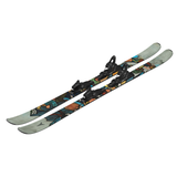 Atomic Bent Chetler 85 R Skis with M10 Bindings - A pair of skis featuring a predominantly black base with blue and orange accents, showcasing a cartoon character design on the top sheet.