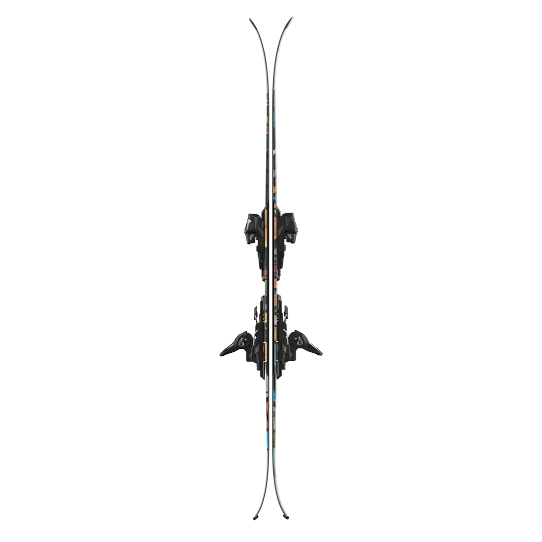 Atomic Bent Chetler 85 R Skis with M10 Bindings - A pair of skis with a white base and black tops, featuring a distinctive red stripe on each ski.