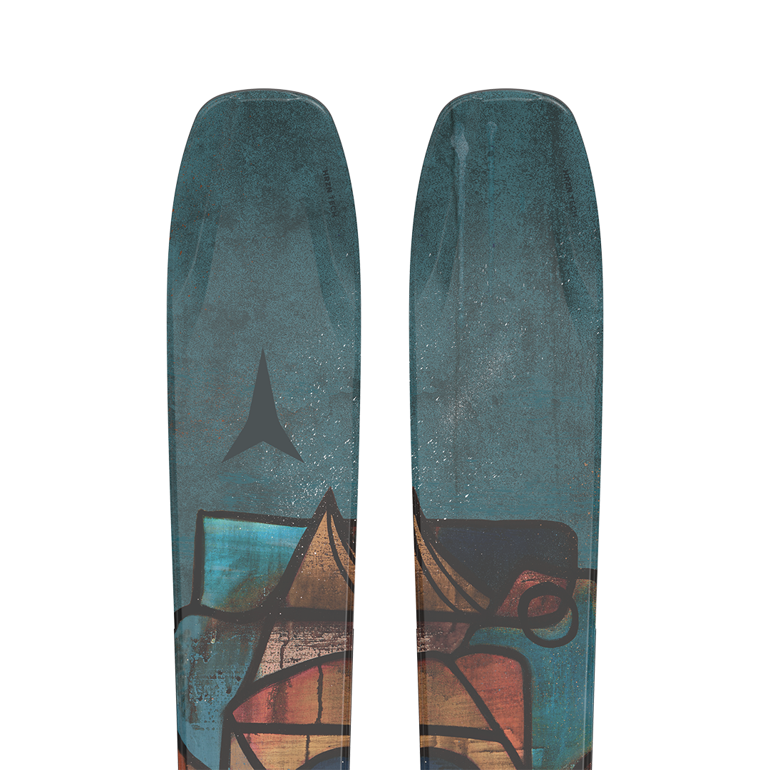 Atomic Bent Chetler 90 Skis 2026 - A pair of skis with a blue-gray base and black tops, featuring a distinctive "Bent Chetler" logo in white at the tip.