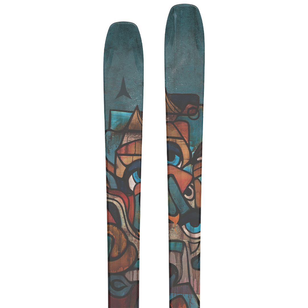Atomic Bent Chetler 90 Skis 2026 - A pair of skis with a blue top and brown bottom, featuring a black logo on the tip.