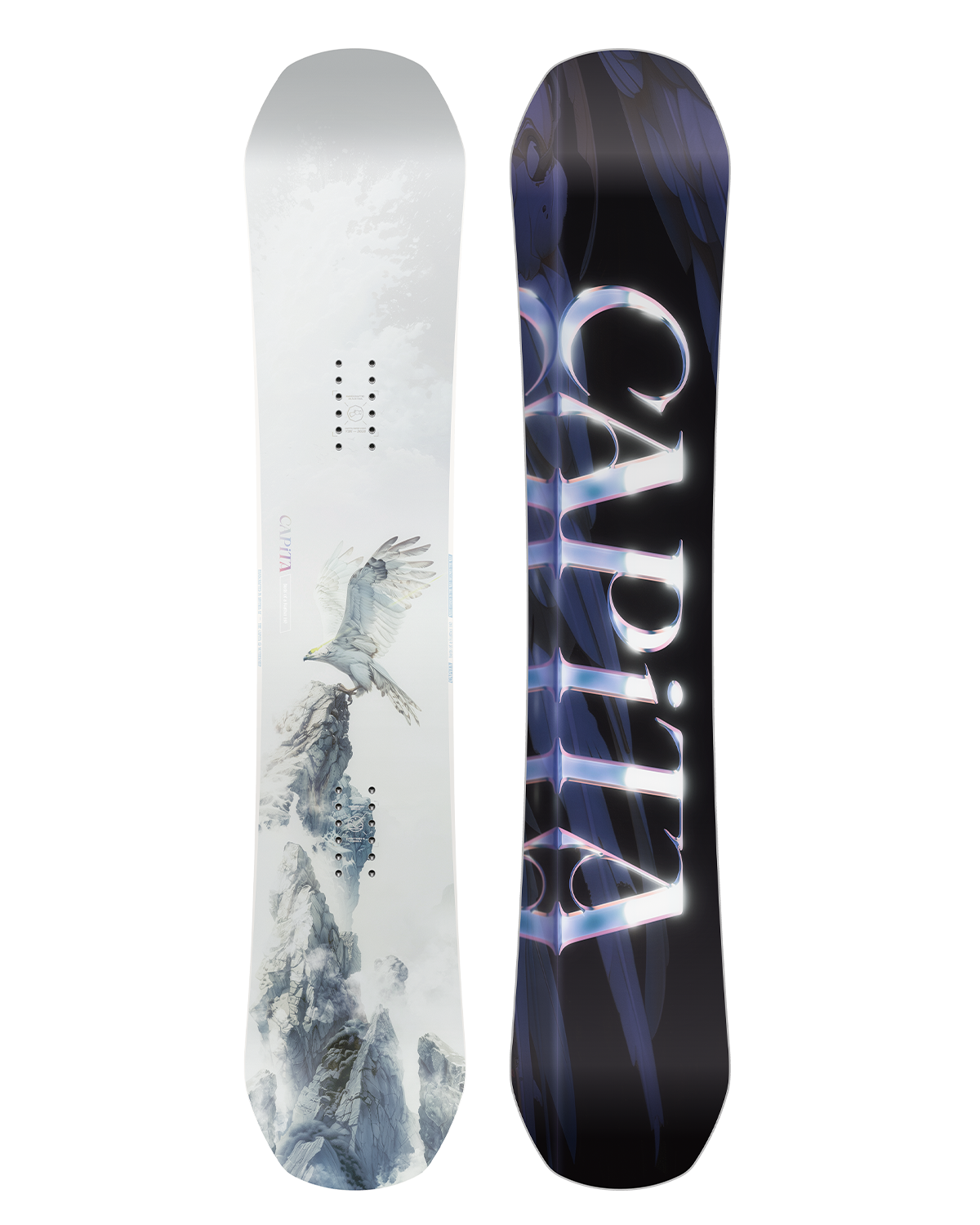 CAPiTA Women's Birds of a Feather Snowboard 2026 - A white snowboard with a bird design on top of a mountain peak.
