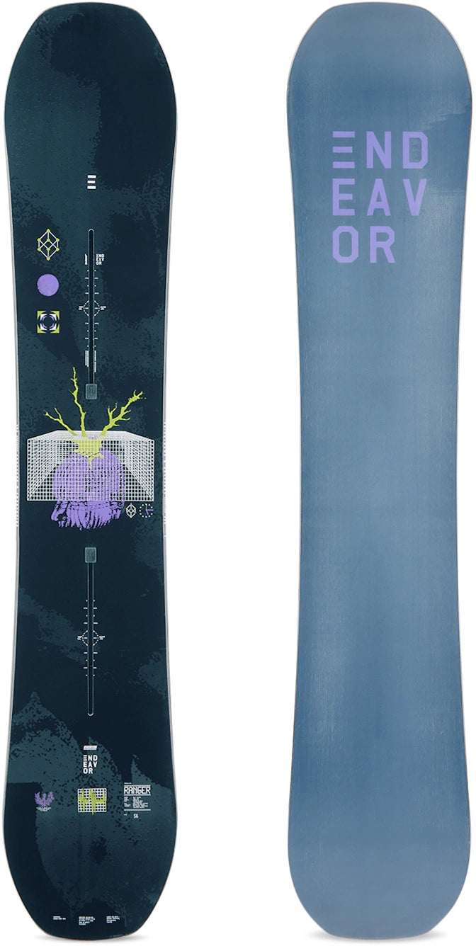 Endeavor Ranger Snowboard 2022 - A dark blue snowboard with a white logo and yellow lettering on top of it.