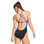 Speedo Spark Splice Crossback One Piece Swimsuit - A black swimsuit with a blue cross-back strap design and a high-cut leg.
