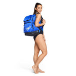 Speedo Spark Splice Crossback One Piece Swimsuit - A royal blue one-piece swimsuit with a cross-back design and black trim.