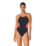 Speedo Spark Splice Crossback One Piece Swimsuit - A black swimsuit with red and white accents, featuring a cross-back design.