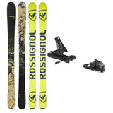 USED - Rossignol Black Ops Sender Ti with SPX 12 Bindings - A pair of skis and bindings, featuring a black base color with white lettering that reads "Black Ops" on the top ski.