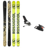 USED - Rossignol Black Ops Sender Ti with Pivot 14 Bindings - A pair of skis and bindings, featuring a black base color with white lettering that reads "Black Ops" on the top ski.