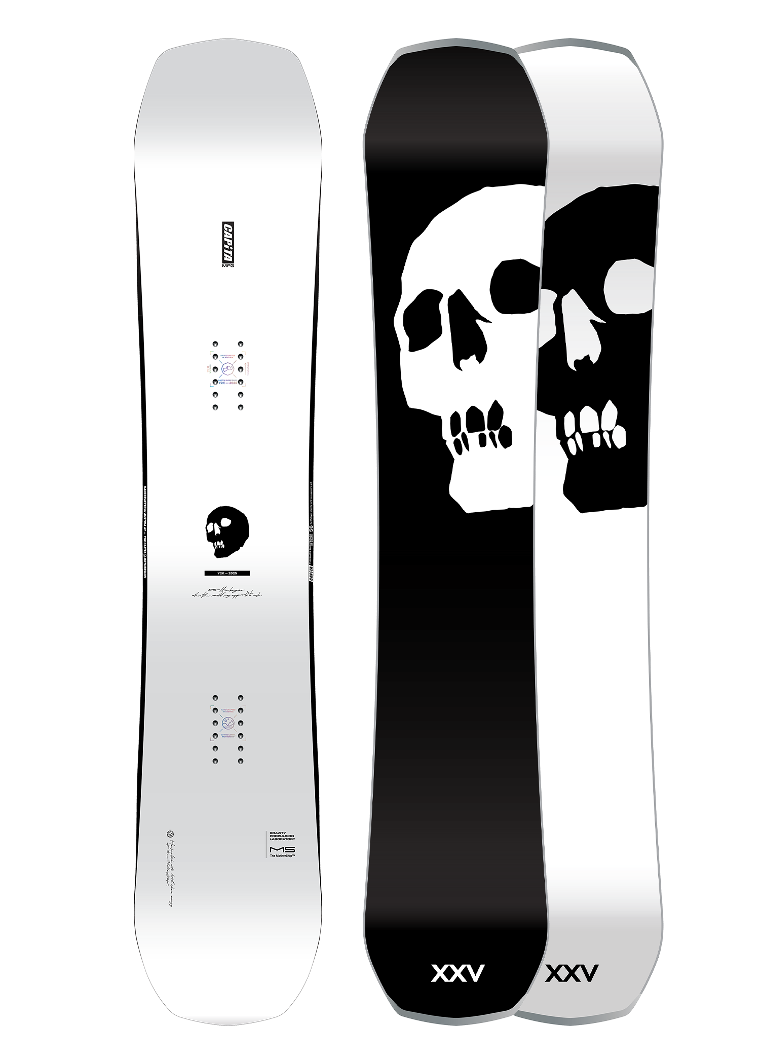 CAPITA THE BLACK SNOWBOARD OF DEATH SNOWBOARD 2026 - A black snowboard with a white logo and text on top, featuring a skull graphic in the center.