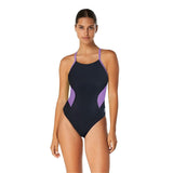 Speedo Spark Splice Crossback One Piece Swimsuit - A black one-piece swimsuit with purple accents and a cross-back design.