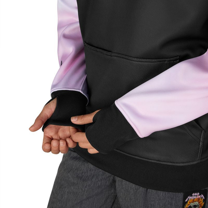 Women's bonded fleece hoody detail: black kangaroo pocket and lilac sleeves with cuff.
