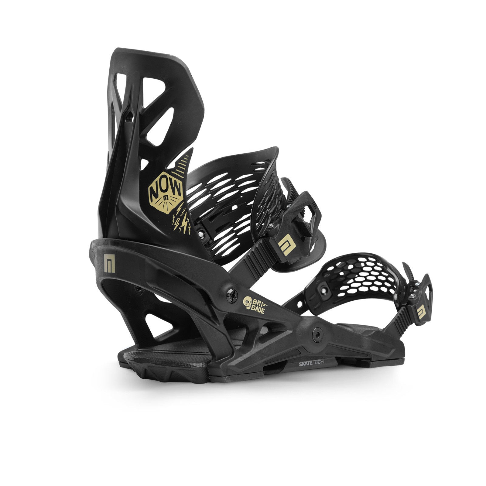 Now Brigade Snowboard Bindings 2024 - Black bindings with yellow logo on top strap and white text on bottom strap.
