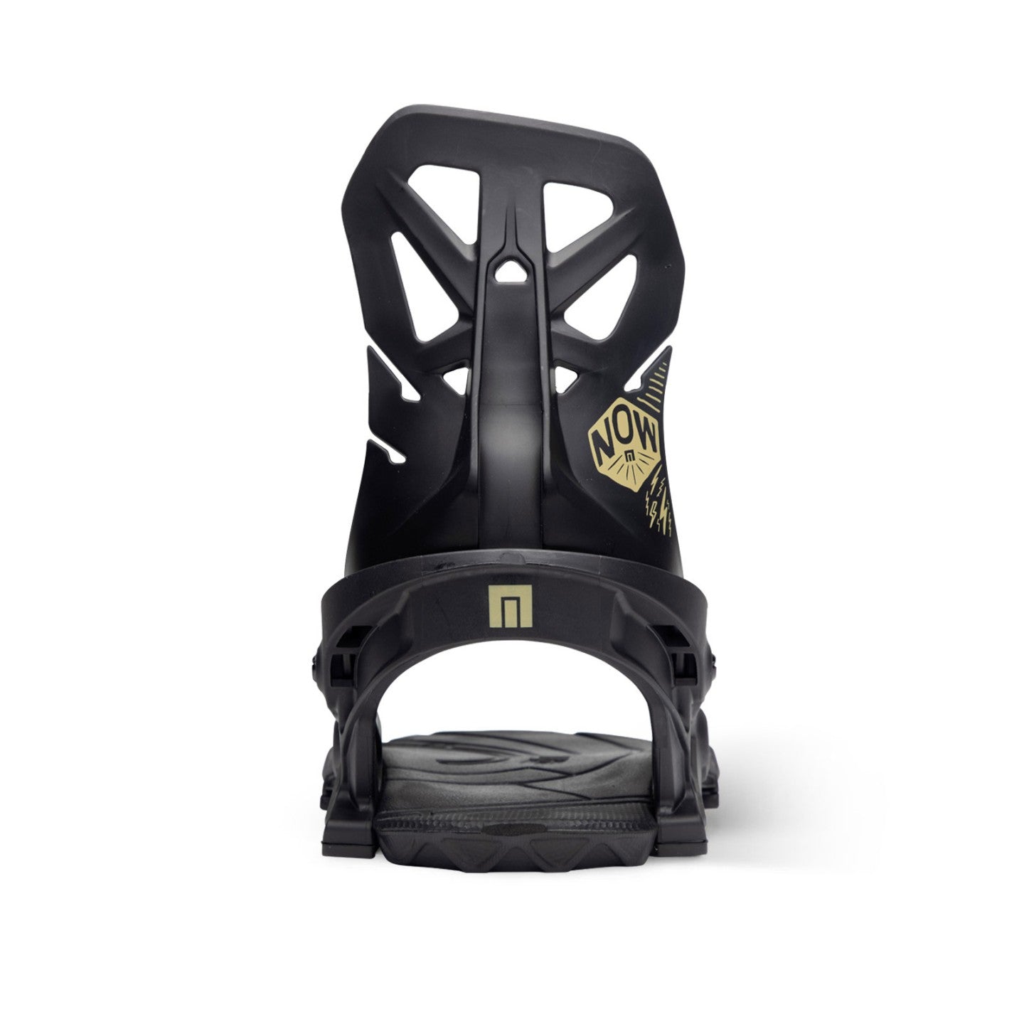 Now Brigade Snowboard Bindings 2024 - A black snowboard binding with a gold logo on the top strap and a gold "NOW" logo on the side.