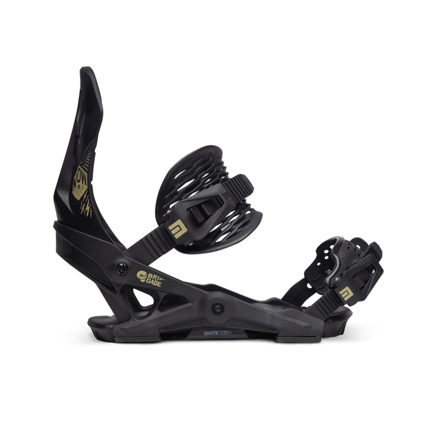 Now Brigade Snowboard Bindings 2024 - Black bindings with gold logos on the straps and a black plastic base.