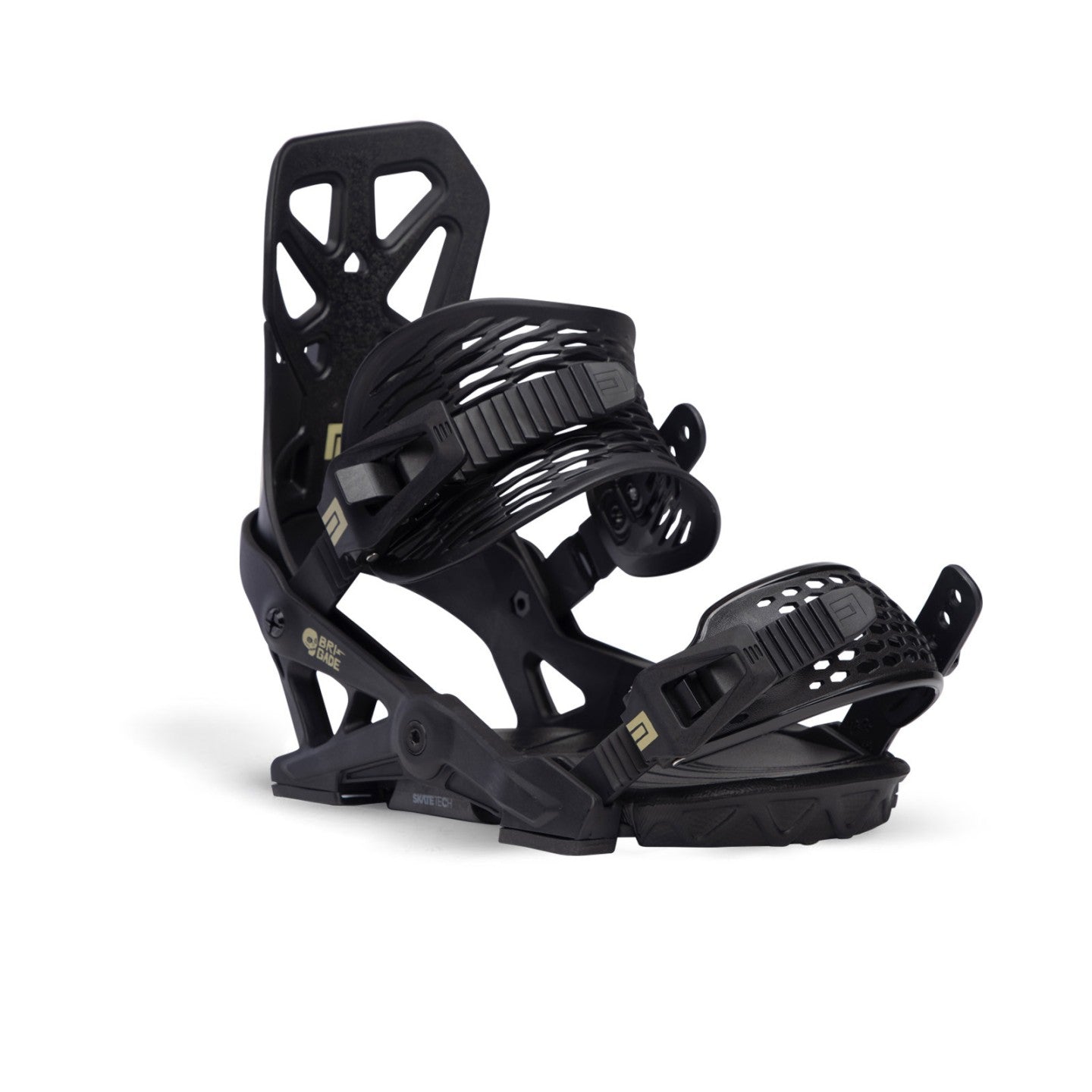 Now Brigade Snowboard Bindings 2024 - Black bindings with gold logos on straps and buckles.