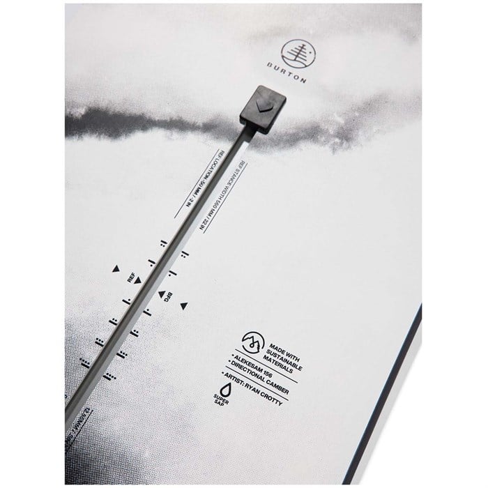 Burton Family Tree Alekesam Snowboard 2025 - White snowboard with black and gray graphics on top, featuring a distinctive tree graphic near the tip.