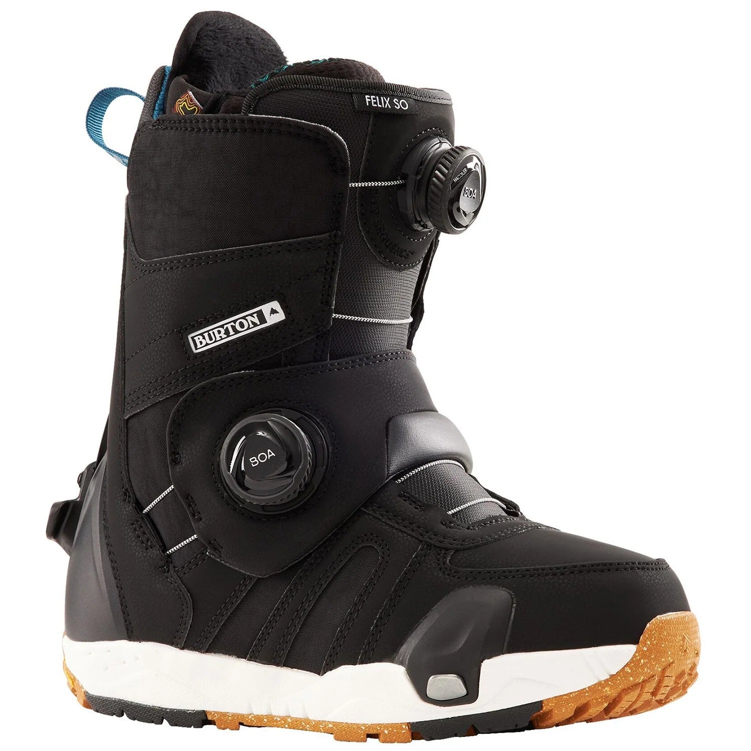 Burton Women's Felix Step On Snowboard Boot 2025 - A black snowboard boot with a white sole and a blue strap on the back.
