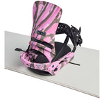 Burton Women's Lexa X Snowboard Bindings 2025 - A pink and grey camouflage patterned snowboard binding with a black strap and buckle.