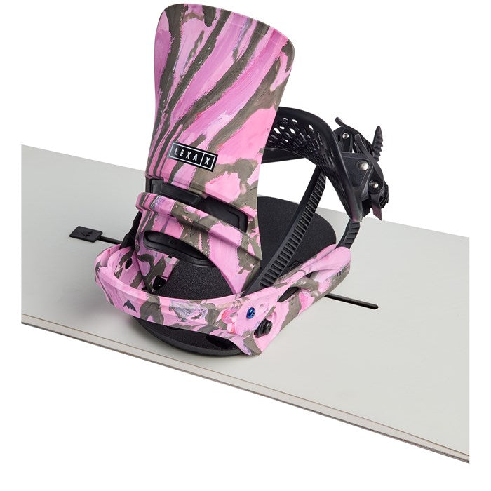 Burton Women's Lexa X Snowboard Bindings 2025 - A pink and grey camouflage patterned snowboard binding with a black strap and buckle.