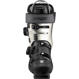 Salomon Women's S/Pro Supra 105 Dual BOA Ski Boots - A pair of white ski boots with black accents and a textured pattern on the side, viewed from the front.