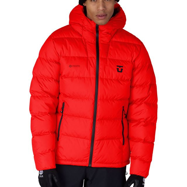 Red puffer down jacket with black hood trim, full-zip front, side pockets