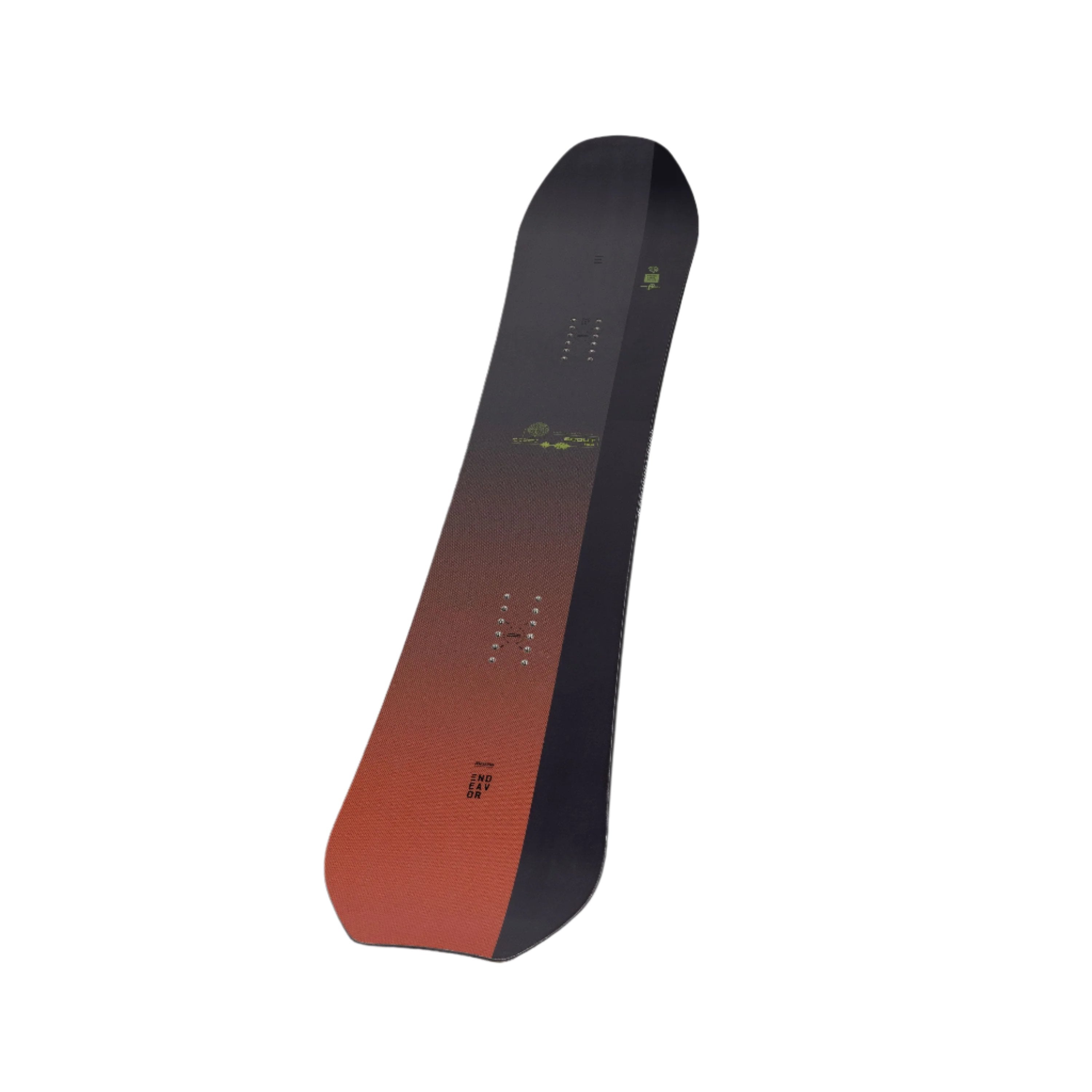 Endeavor Scout QSL Snowboard 2025 - A black snowboard with a green logo and white lettering on top, set against a plain white background.