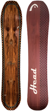 Head Gamechanger Snowboard 2025 - A brown snowboard with a wood grain pattern on its top surface.