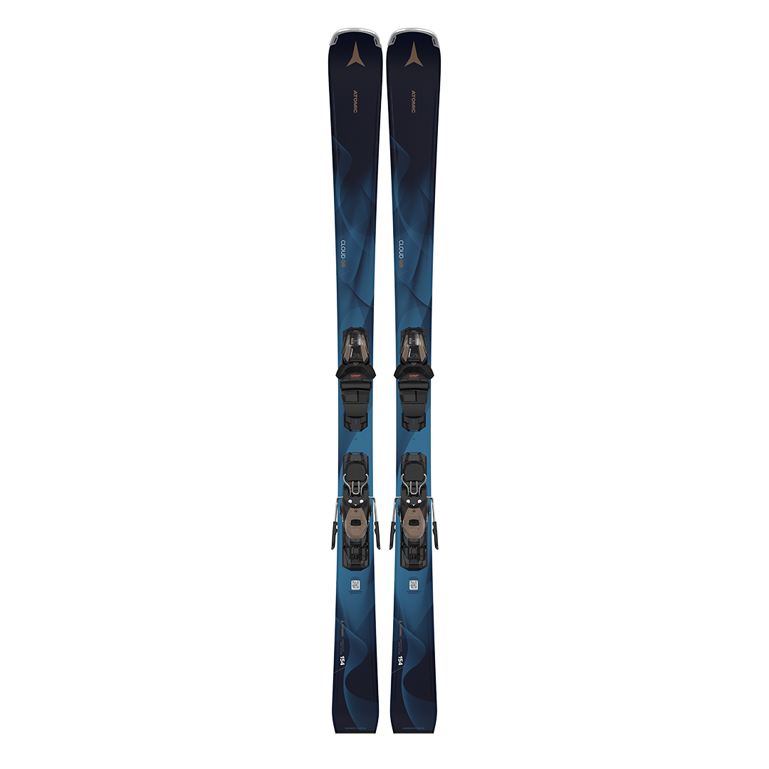 Atomic Women's Cloud Q9 Skis with M10 Bindings - Blue skis with a wavy pattern and black bindings.