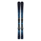Atomic Women's Cloud Q9 Skis with M10 Bindings - Blue skis with a wavy pattern and black bindings.