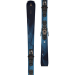 Atomic Women's Cloud Q9 Skis with M10 Bindings - Blue skis with a wavy pattern and silver bindings.
