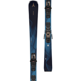 Atomic Women's Cloud Q9 Skis with M10 Bindings - Blue skis with a wavy pattern and silver bindings.