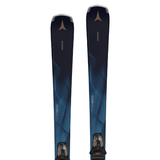 Atomic Women's Cloud Q9 Skis with M10 Bindings - A pair of skis with a dark blue base and lighter blue geometric pattern, featuring a brown Atomic logo at the top.