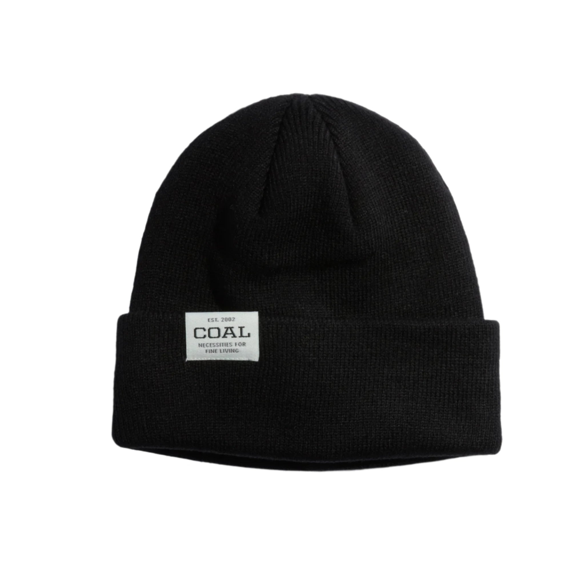 Coal Uniform Low Beanie 2025 - A black beanie with a white rectangular patch on the front featuring the word "COAL" in bold black letters.