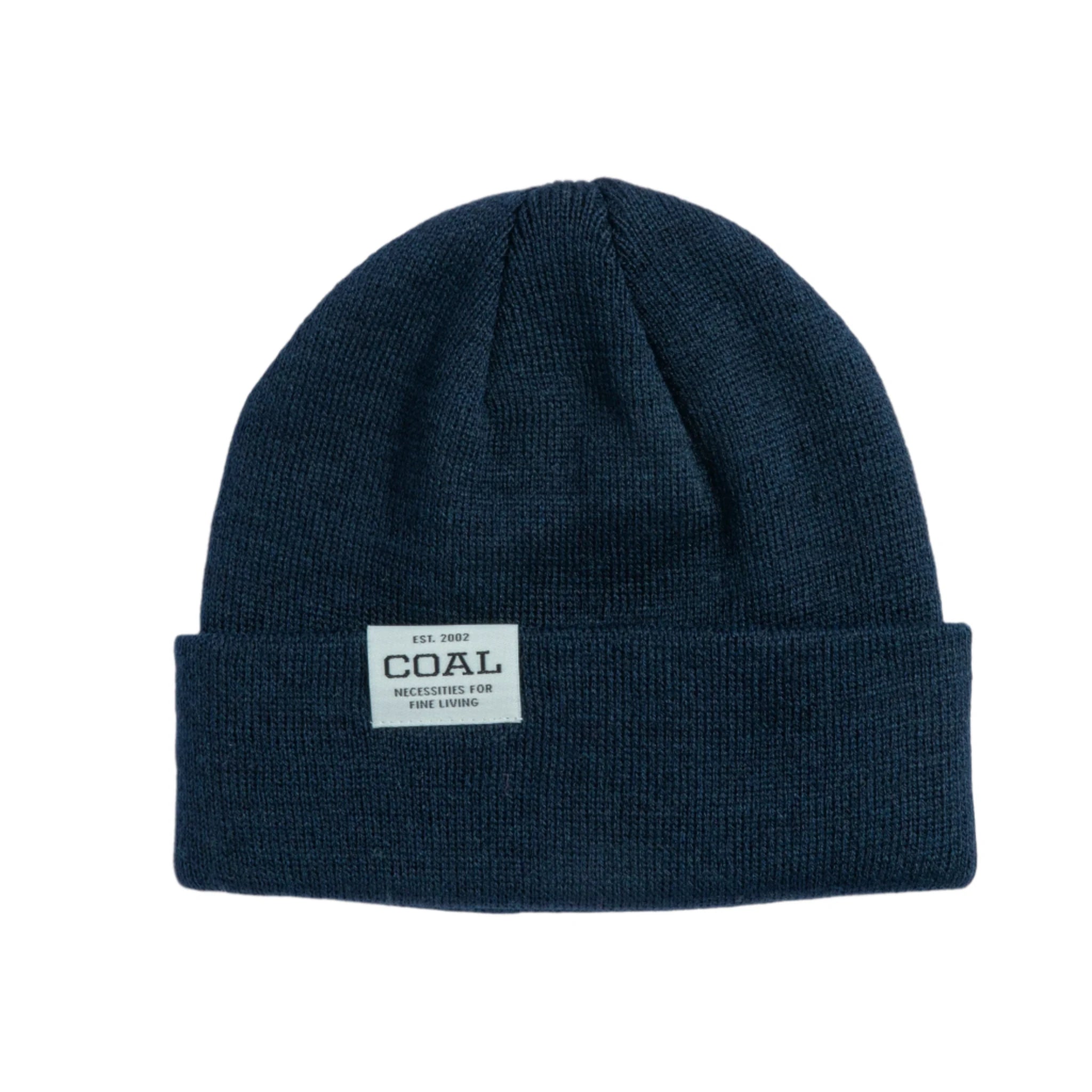 Coal Uniform Low Beanie 2025 - A navy blue beanie with a white rectangular label on the front that says "COAL" in black letters.
