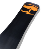 Arbor Coda Snowboard 2026 - A black snowboard with an orange logo featuring a stylized tree silhouette at the top of the board.
