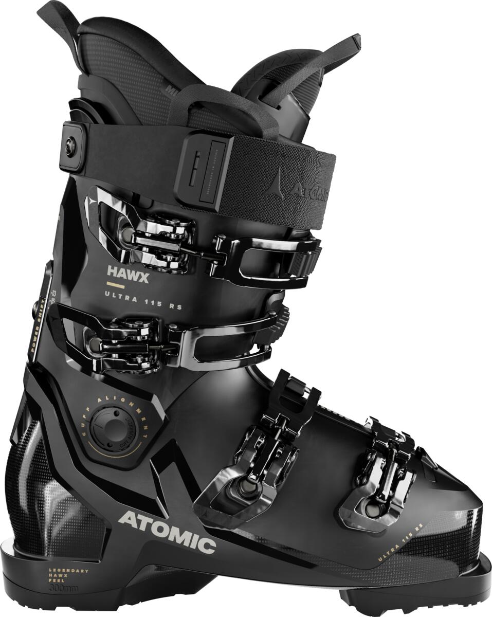 Atomic Women's Hawx Ultra 115 RS Ski Boot 2024 - Black ski boot with white lettering and a silver buckle on the side.